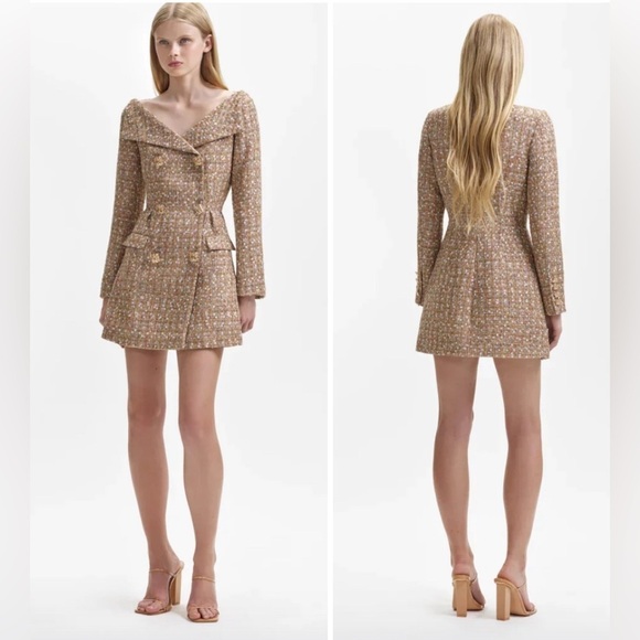 Self-Portrait Gold Tinsel Boucle Off Shoulder Tweed Mini Dress NWT - Picture 3 of 10
